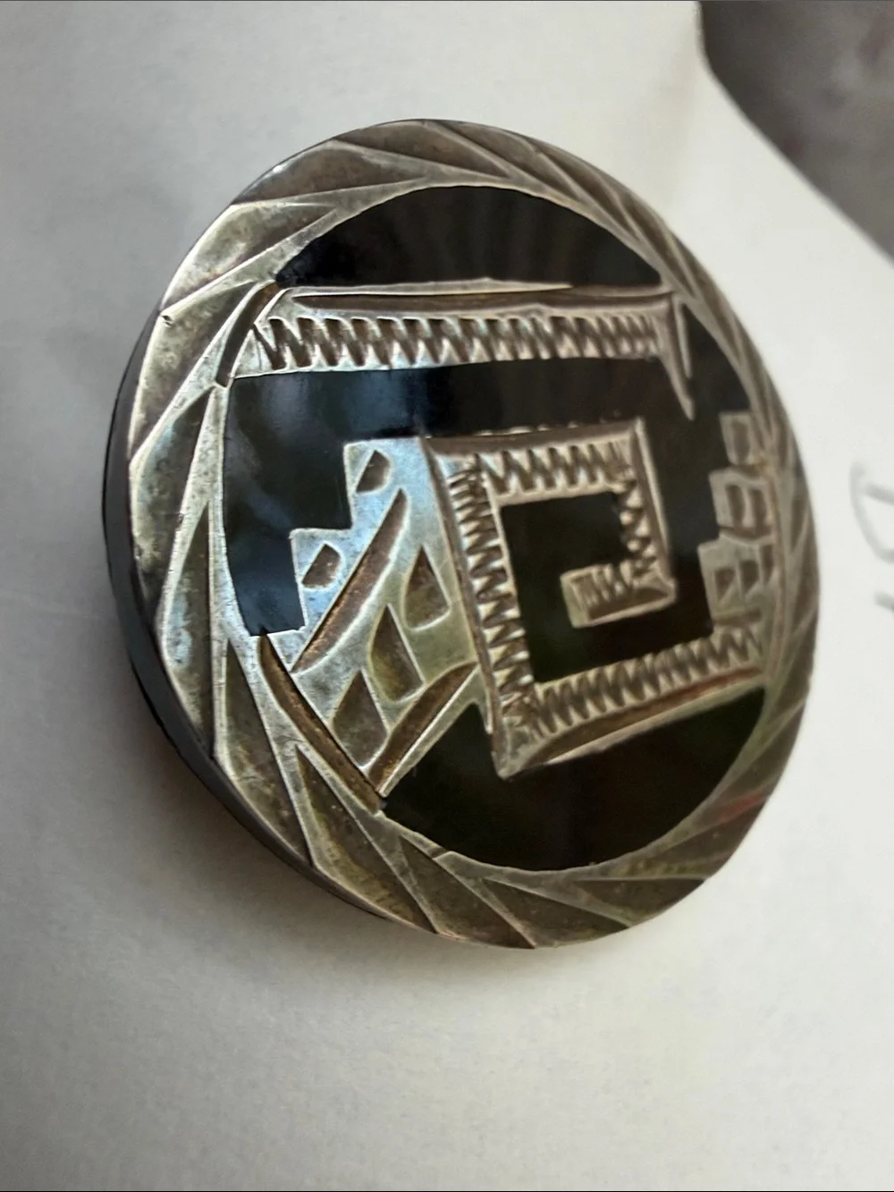 Vintage .925 Sterling Silver Mexico Black Inlay Round pin
